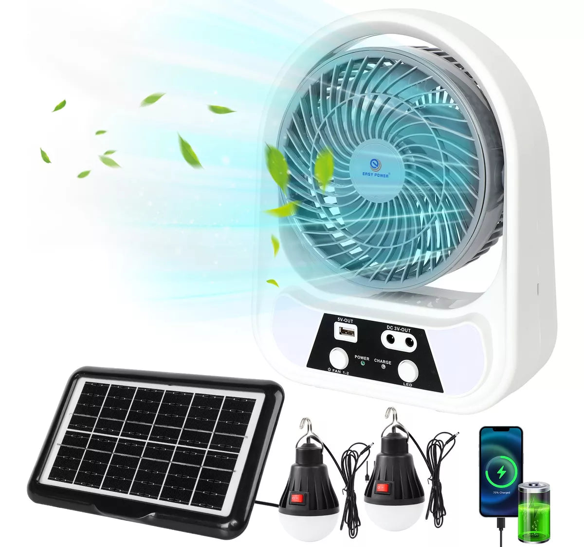 ⚙️ 3 en 1: Ventilador, Luz y Power Bank Solar