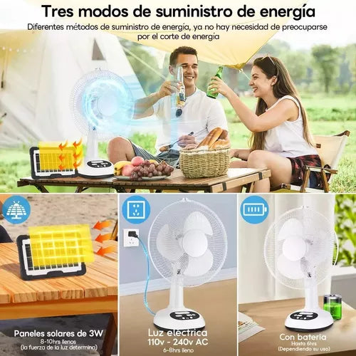 ⚙️ 3 en 1: Ventilador, Luz y Power Bank Solar